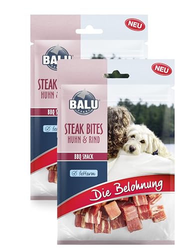 BALU Hundesnacks, Hunde Leckerlis fettarm, mit Huhn und Rind, für große und kleine Hunde, ideal für Training, Steak Bites BBQ Snack,2 x 200 g Beutel (400) von BALU