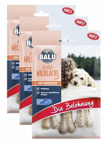 BALU Hundesnacks, Hunde Leckerlis getreidefrei, ohne Zucker, 100% natürlich, Fisch, Lachs Hundekauknochen 7,6 cm x 3 Stück, 3 x 70 g Beutel (3) von BALU