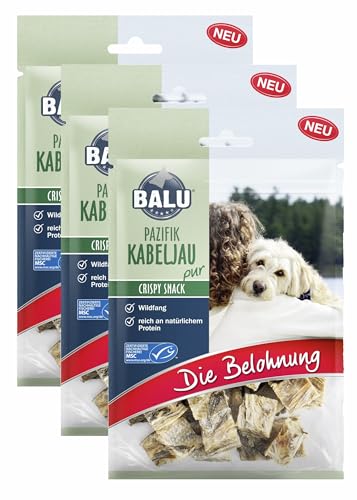 BALU Hundesnacks, Hunde Leckerlis getreidefrei, ohne Zucker, Zahnpflege, Fisch, 100% natürlich, Kabeljau Crispy Snack, 3 x 70 g Beutel von BALU