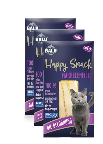 BALU Katzensnacks, Katzen Leckerlies, Fisch, natürlich, ohne Zucker und Getreide, Sticks, Happy Snack 100% Makrelen-Filet, 3 x 30 g Packung von BALU