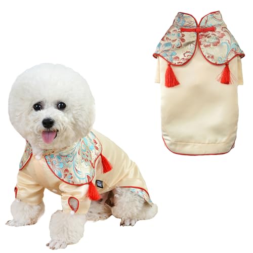 BAMY Cheongsam-Anzug für Neujahrshunde, Katzen-Quaste, traditionelles chinesisches Haustierkostüm, Kleidung für kleine und mittelgroße Hunde (Größe S (Brustumfang 40 cm), Gold) von BAMY