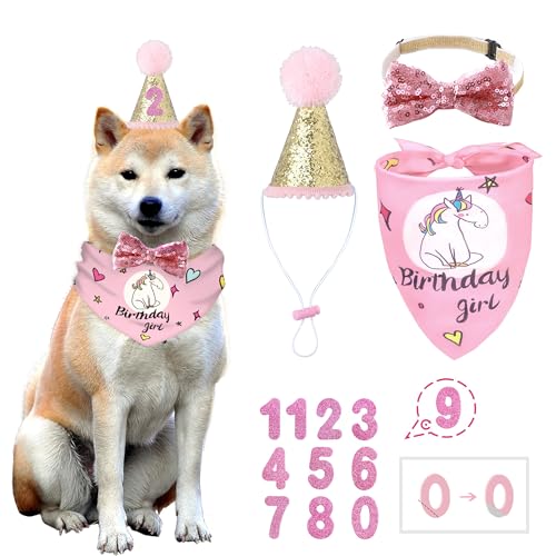 BANMODER Hund Geburtstag Bandana Quadratischer Schal und Wiederverwendbare Niedliche Doggie Geburtstag Party Hut mit 0-8 Figuren für Mädchen Junge (Pink) von BANMODER