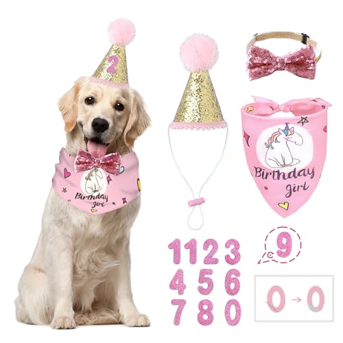 BANMODER Hunde-Geburtstagstuch, quadratischer Schal, Hunde-Geburtstagshut mit Zahlen, Geburtstagsparty-Zubehör für große und große Hunde von BANMODER