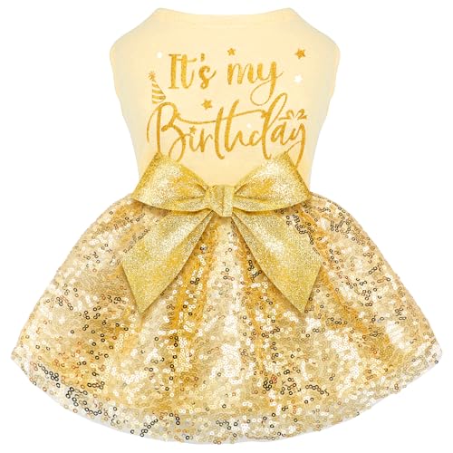 Geburtstags-Hundekleid mit goldfarbenen glitzernden Pailletten, Prinzessinnen-Hundekleidung für kleine, mittelgroße und große Hunde, Mädchen, Jungen, Katzen, Outfit Geburtstags-Hundekleid mit goldfarbenen glitzernden Pailletten, Prinzessinnen-Hundekleidung für kleine, mittelgroße und große Hunde, Mädchen, Jungen, Katzen, Outfit von BAOBICUTE