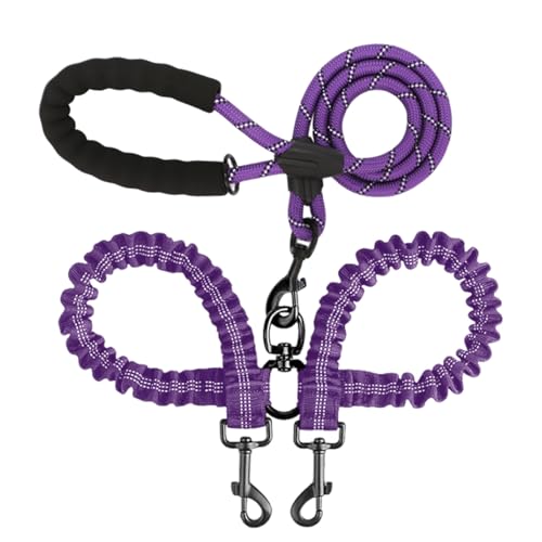 BAOBOTE Doppelte Hundeleine mit stoßdämpfendem Bungee, reflektierend, für zwei Hunde, um 360° drehbar, kein Verheddern, Violett von BAOBOTE