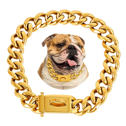 BAOBOTE Goldfarbene Hundekette, 20 mm, kubanisches Glieder-Hundehalsband mit Design, sichere Schnalle, kubanische Glieder, stark, robust, kaufest, für mittelgroße Hunde (61 cm, Gold) von BAOBOTE