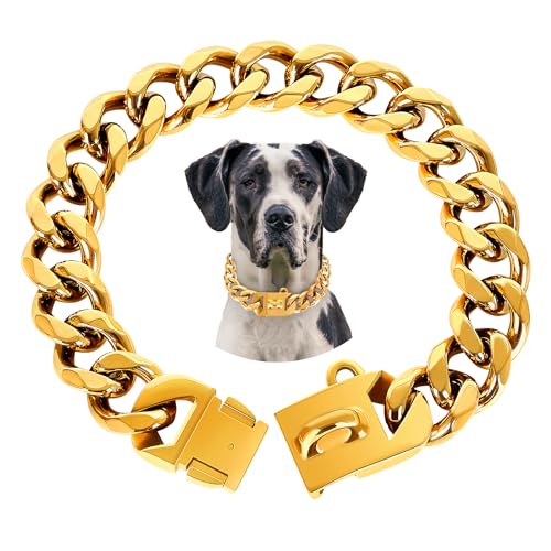 BAOBOTE Goldfarbenes Hundehalsband, 23 mm, mit kubanischem Glieder-Hundehalsband, robustes Trainingshalsband, kaufest für mittelgroße Hunde (45,7 cm, Gold) von BAOBOTE