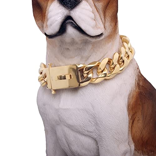 BAOBOTE Goldketten-Hundehalsband mit sicherer Schnappschnalle, 19 mm, kubanisches Glieder-Hundehalsband, kaufest, strapazierfähig, Pitbull-Halsband für mittelgroße und große Hunde (45,7 cm, Gold) von BAOBOTE