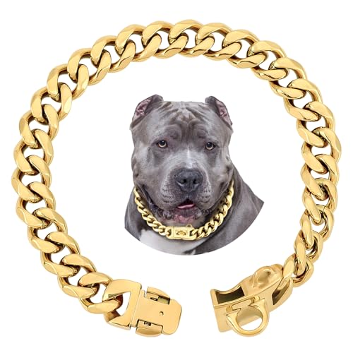 BAOBOTE Hundehalsband aus Edelstahl, mit kubanischer Gliederkette, strapazierfähig, kaufest, Trainingshalsband für Hunde, goldfarben, 15 mm BAOBOTE Hundehalsband aus Edelstahl, mit kubanischer Gliederkette, strapazierfähig, kaufest, Trainingshalsband für Hunde, goldfarben, 15 mm von BAOBOTE