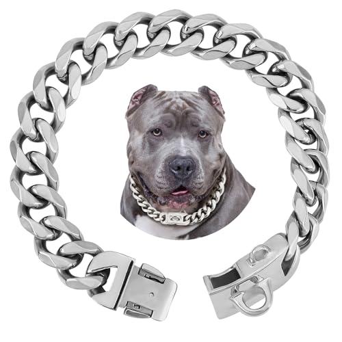 BAOBOTE Hundehalsband mit silberfarbener Kette, 19 mm, luxuriös, kubanisches Glieder-Hundehalsband mit sicherer Schnappschnalle, für große Pitbulls (66 cm, Silber) von BAOBOTE