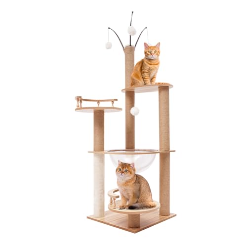 BAOCHADA Kratzbaum, 4 Etagen bis zur Decke reichender Katzenturm(132 cm), wandmontierter Katzenbaum mit Die Aussichtsplattform für Katzen zum Klettern, Kratzen, Ausschau halten und Spielen von BAOCHADA