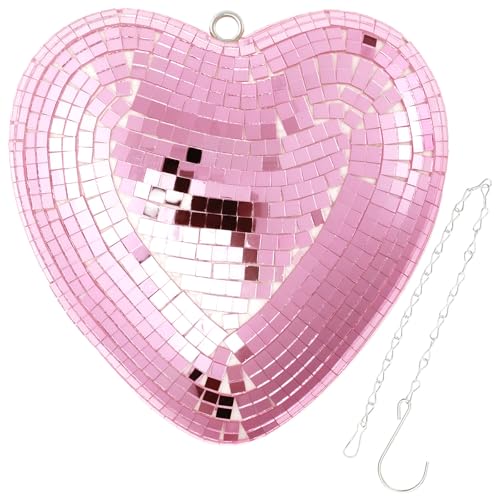 BAODBF Herz Discokugel mit S Haken,Discokugel Set Groß 15×15×5cm,Disco Kugel Deko zum Aufhängen,Spiegelkugel für Weihnachtsbaum Hochzeit Home Party Geburtstagsfeier Deko(Rosa) von BAODBF