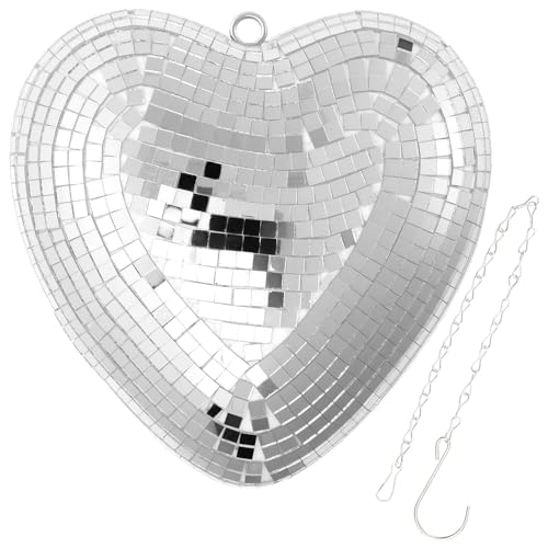 BAODBF Herz Discokugel mit S Haken,Discokugel Set Groß 15×15×5cm,Disco Kugel Deko zum Aufhängen,Spiegelkugel für Weihnachtsbaum Hochzeit Home Party Geburtstagsfeier Deko(Silber) von BAODBF