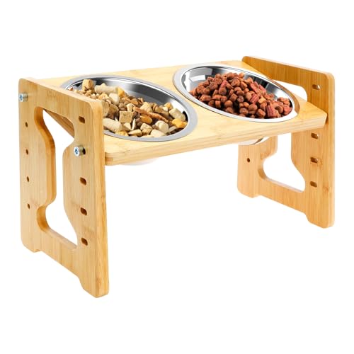 BAODBF Katzennapf Erhöht Edelstahl,Doppelschüssel Design Futternapf Katze,Fressnapf und Wassernapf Holzhalterung Höhenverstellbar,Katzen Napfset für Katzen und Kleine Hunde von BAODBF