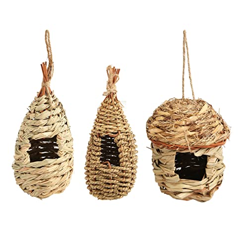 BAOFUYA 3 Stück hängende Gras-Vogelhäuschen, kleine Gras-hängende handgewebte Kolibri-Haus-Vogelhütte für das Verschachteln im Freien von BAOFUYA