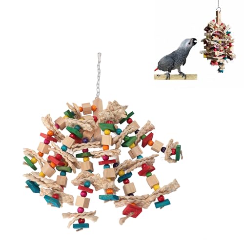 BAOFUYA Kauspielzeug für Vögel, bunt, attraktiv, Stroh, gewebt, hängend, für Papageien, Holzblock, reißendes Spielzeug für mittelgroße und große Papageien von BAOFUYA