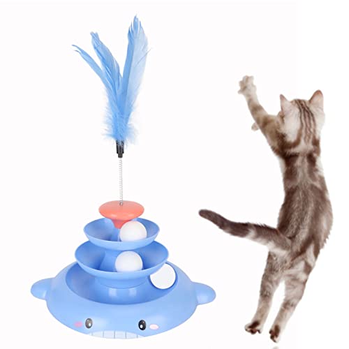 BAOFUYA Rollendes Katzenspielzeug, Abnehmbares Interaktives Katzenspielzeug auf 3 Ebenen mit Rotierendem Kugelfederstab für Kätzchenübungen (Blau) von BAOFUYA