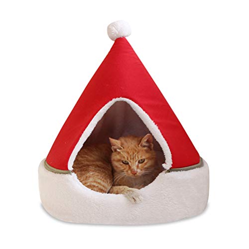 Weihnachtsbaum Katzenhausbett, Weiches und Bequemes Dreieckiges Katzenbett mit 360° Kälteschutz, Geeignet für Katzen und Hunde Bis 8 Kg (Rot) von BAOFUYA