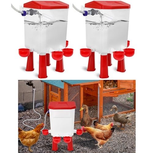 11L Groß Automatische Geflügeltränke|Wasserspender Hühner mit 4 Wassernäpfe|Kunststoff Hühnertränke|Schwimmerventil,4 Füßen & 1.5m(4.9ft) Wasserleitung|Aufhängbar und Aufstellbar|Hühnerzubehör von BAOSHANKO