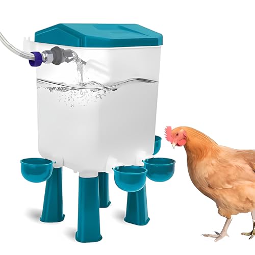 Hühnertränke Groß mit 4 Wassernäpfe,Automatische Geflügeltränke,Wasserspender mit Füßen,Schwimmerventil & 1.5m(4.9ft) Wasserleitung,Aufhängbar und Aufstellbar,Hühnerzubehör,7L von BAOSHANKO
