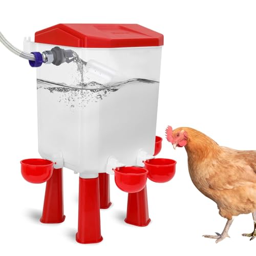 Hühnertränke Groß mit 4 Wassernäpfe,Automatische Geflügeltränke,Wasserspender mit Füßen,Schwimmerventil & 1.5m(4.9ft) Wasserleitung,Aufhängbar und Aufstellbar,Hühnerzubehör,7L von BAOSHANKO