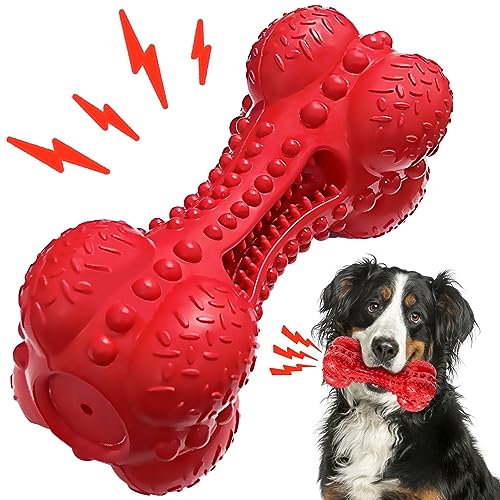 BAPSOUZU Hundespielzeug für aggressive Kauer, robustes Hundespielzeug, quietschendes Hundespielzeug mit Zahnbürste für große, interaktiver Naturkautschukknochen mit Speckgeschmack, rot von BAPSOUZU