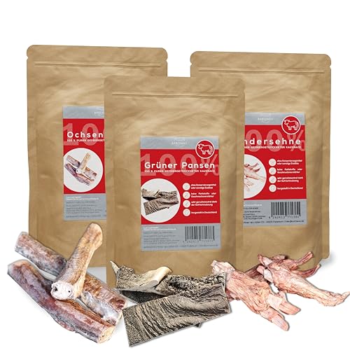 BARFAWAY Sparpaket Kauspaß Rind, gefriergetrocknete Kausnacks (Ochsenziemer, Rindersehne, grüner Pansen), geruchsneutral, 100% natürlich ohne Zusätze, Deutsche Herstellung, 3er Pack (770 g) von BARFAWAY