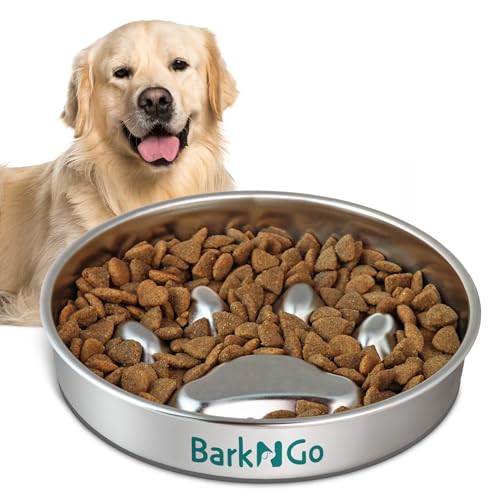 BarkNGo 304 Edelstahl Slow Feeder Hundenapf - Anti-Schlingende, rutschfeste Basis Metall Slow Feeder Hundenapf, Spülmaschinenfest Metall Futternäpfe Wassernapf für kleine, mittlere und große Hunde von BARK N GO