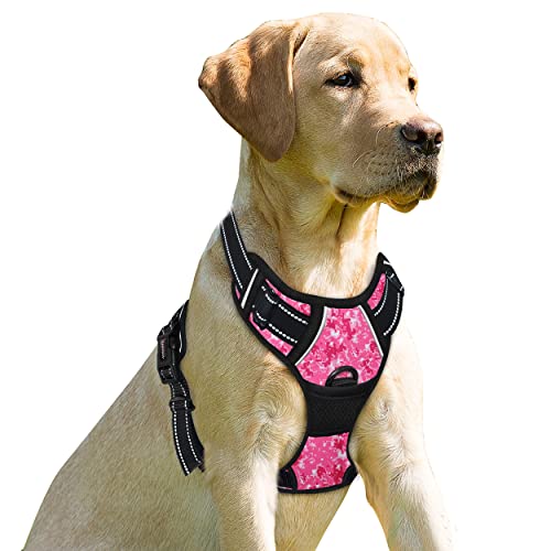 BARKBAY Hund Brustgeschirr, kein Ziehen, mit Clip, strapazierfähig, reflektierend, einfach zu kontrollieren, für große Hunde (Rosa Camo, XL) von BARKBAY