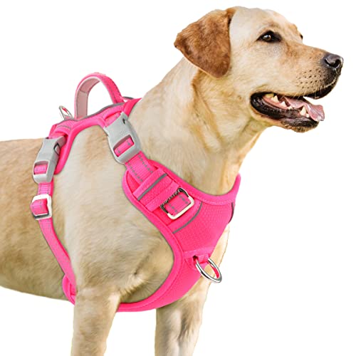 BARKBAY Hundegeschirr, kein Ziehen, 3 Schnallen, groß, reflektierend, mit Frontclip und einfacher Kontrolle, Griff für Spaziergänge, Training, Laufen, mit ID-Etiketten-Tasche (Rosa, M) von BARKBAY