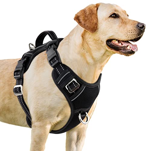 BARKBAY Hundegeschirr, kein Ziehen, 3 Schnallen, groß, reflektierend, mit Frontclip und einfacher Kontrolle, Griff für Spaziergänge, Training, Laufen, mit ID-Etiketten-Tasche (schwarz, S) von BARKBAY