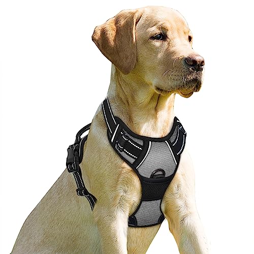 BARKBAY Hundegeschirr, kein Ziehen, Frontclip, strapazierfähig, reflektierend, leicht zu kontrollieren, für große Hunde (Dunkelgrau, Größe L) von BARKBAY