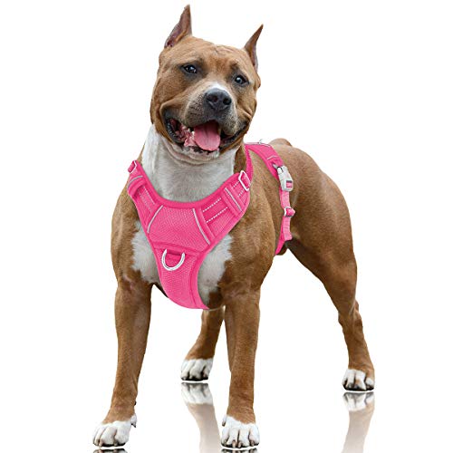 BARKBAY Hundegeschirr, kein Ziehen, groß, reflektierend, mit Frontclip und einfachem Griff für Spaziergänge, Training, Laufen mit ID-Tag-Tasche (Rosa, L) von BARKBAY