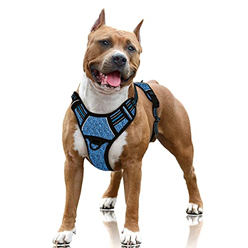 BARKBAY Hundegeschirr, kein Ziehen, groß, reflektierend, mit Frontclip und einfachem Griff für Spaziergänge, Training, Laufen mit ID-Tasche (blau/schwarz, L) von BARKBAY