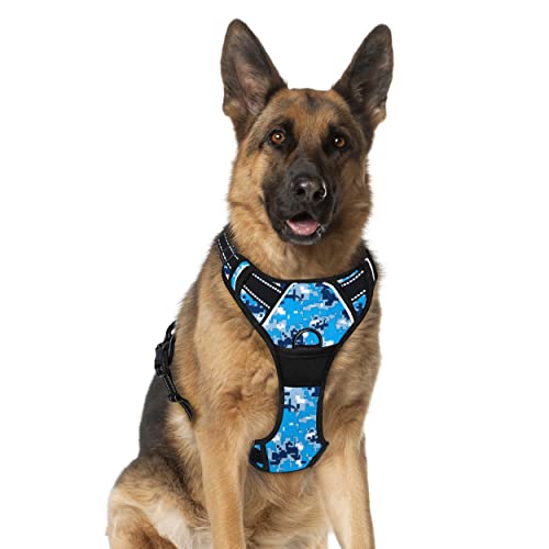 BARKBAY Hundegeschirr, kein Ziehen, groß, reflektierend, mit Frontclip und leicht zu bedienendem Griff für Spaziergänge, Training, Laufen (blaue Camo, XL) von BARKBAY