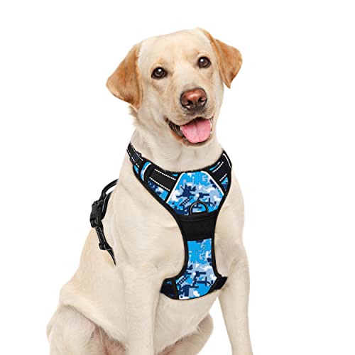 BARKBAY Hundegeschirr, kein Ziehen, groß, reflektierendes Hundegeschirr mit Frontclip und leicht zu bedienendem Griff für Spaziergänge, Training, Laufen (blaue Camo, L) von BARKBAY
