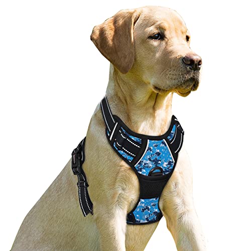 BARKBAY Hundegeschirr, kein Ziehen, mit Clip, strapazierfähig, reflektierend, einfach zu kontrollieren, für große Hunde (blaue Camouflage, XL) von BARKBAY