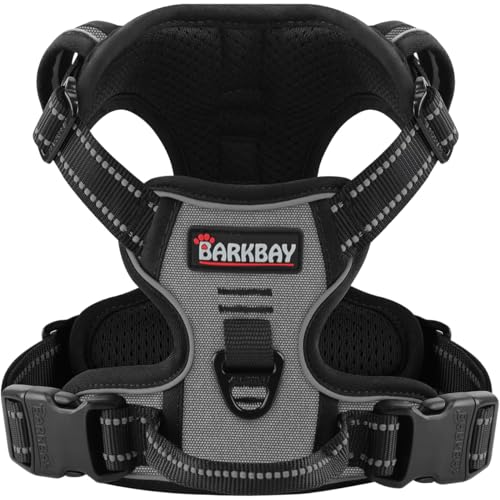 BARKBAY Hundegeschirr, kein Ziehen, reflektierend, mit Frontclip und einfachem Griff für Spaziergänge, Training, Laufen (Dunkelgrau, Größe L) von BARKBAY