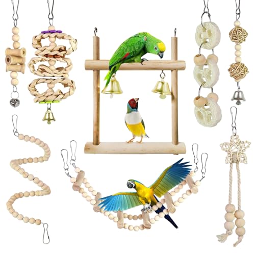8 Stück Vogelspielzeug Vogel-Papageien-Spielzeug zum Aufhängen Papageienspielzeug Wellensittich Spielzeug Kauspielzeug für Papageien Vogelkäfig-Zubehör aus Holz Vogelschaukel Glocken Schaukelspielzeug von BASTOUR