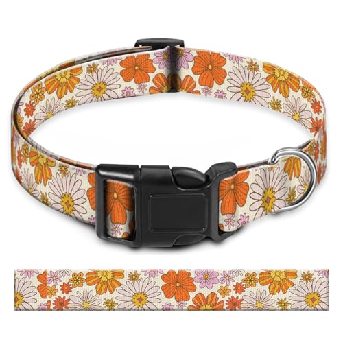 BAYCUFKQ Hundehalsband, niedliches Haustierhalsband, verstellbar für mittelgroße Hunde, weiches Hundehalsband mit Schnellverschluss-Schnalle zum Spazierengehen, Laufen, Orange, Gänseblümchen von BAYCUFKQ