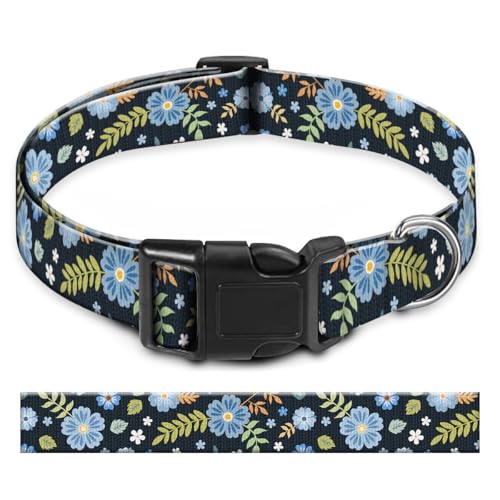 BAYCUFKQ Hundehalsband, niedliches Haustierhalsband, verstellbar für mittelgroße Hunde, weiches Hundehalsband mit Schnellverschluss-Schnalle zum Spazierengehen, Laufen, blaues Blumenmuster von BAYCUFKQ