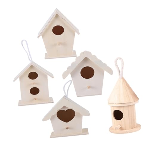 BAZEITFLOW 5 Teiliges DIY Holz Vogelhaus Naturbelassen Kreatives Nistkasten Bastelset für Kleine Vögel Wetterfestes Garten Zubehör zum Bemalen und Dekorieren mit Verschiedenen Designs von BAZEITFLOW