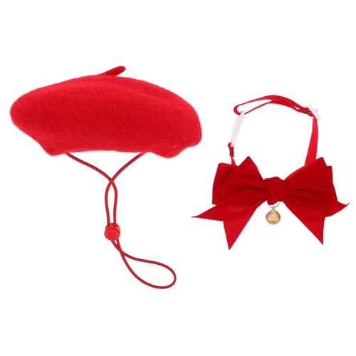 BAZEITFLOW Beret-Hut und Verstellbares Katzenhalsband mit Schleife und Glocke Süße Haustier-Halsband-Dekoration für Kleine Hunde und Bequemes Set für Geburtstagsfeiern und Festliche Anlässe von BAZEITFLOW