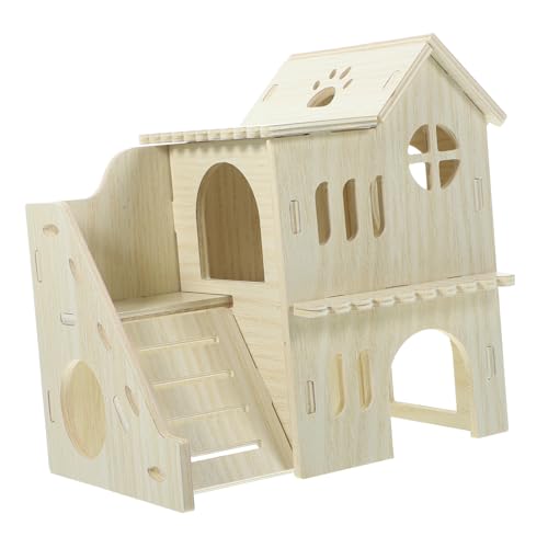 BAZEITFLOW Hamster Versteck aus Echtem Holz mit Rampe Mehrkammer spielhaus für Meerschweinchen Nagetier Unterschlupf Kleines Haus zum Verstecken und Ausruhen von BAZEITFLOW