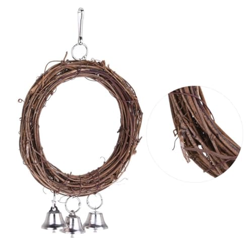 BAZEITFLOW Rattan Vogel Schaukelring mit Metallhaken Glocken Kauspielzeug für Papageien und Wellensittiche Robustes Kletterspielzeug für Käfig Fördert Balance und Aktivität Zufällige Farbe von BAZEITFLOW