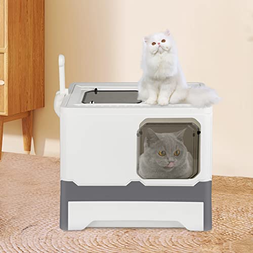 Katzentoilette XXL, großes Katzentoilette, faltbar, mit Deckel, Schublade und Schaufel, tragbar, WC für Katzen mit Deckel (grau und weiß, 45 x 35 x 38 cm) von BBAUER