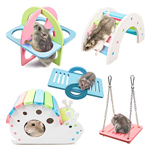 Roundler Zwerghamster Haus DIY Holz Rennmäuse Versteck Regenbogen Brücke Schaukel und PVC Wippe, Haustier Sport Übung Spielzeug Set, Sugar Glider Syrischer Hamster Käfig Zubehör, geeignet für Kleintiere (H02) von BBDDKEG