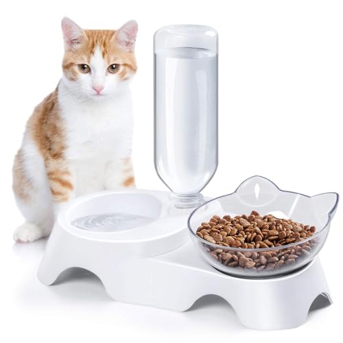 Haustiernäpfe, Doppelte Hunde- und Katzennäpfe, 15° geneigtes Wasser- und Futternapf-Set mit automatischer Tränkeflasche for kleine oder mittelgroße Hunde und Katzen, Weiß Haustiernäpfe, Doppelte Hunde- und Katzennäpfe, 15° geneigtes Wasser- und Futternapf-Set mit automatischer Tränkeflasche for kleine oder mittelgroße Hunde und Katzen, Weiß von BCJMKDX