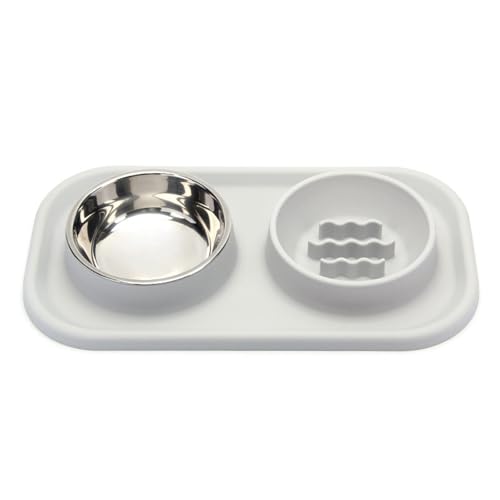 Haustiernäpfe, Hunde- und Katzennäpfe, Futternapf for langsames Fressen, Anti-Erstickungsschutz, Edelstahl, doppelter Futter- und Wassernapf for kleine Hunde und Katzen(Grey) von BCJMKDX