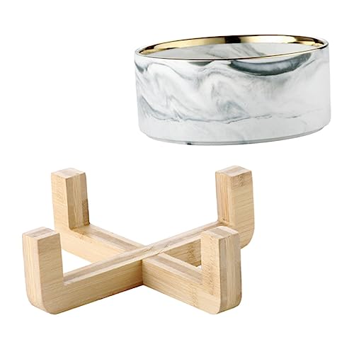 BCOATH Nordische Keramik Napf mit Marmoroptik und Holzständer rutschfeste Fressschale für Katzen und Hunde Stilvolle Futterschüssel für Wasser und Futter Graue Designschale von BCOATH